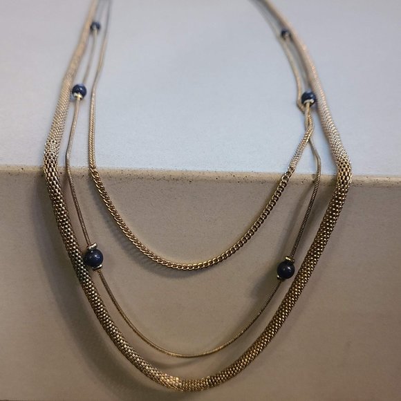 3 Chain Necklace with Blue Bead Accents - Picture 1 of 8